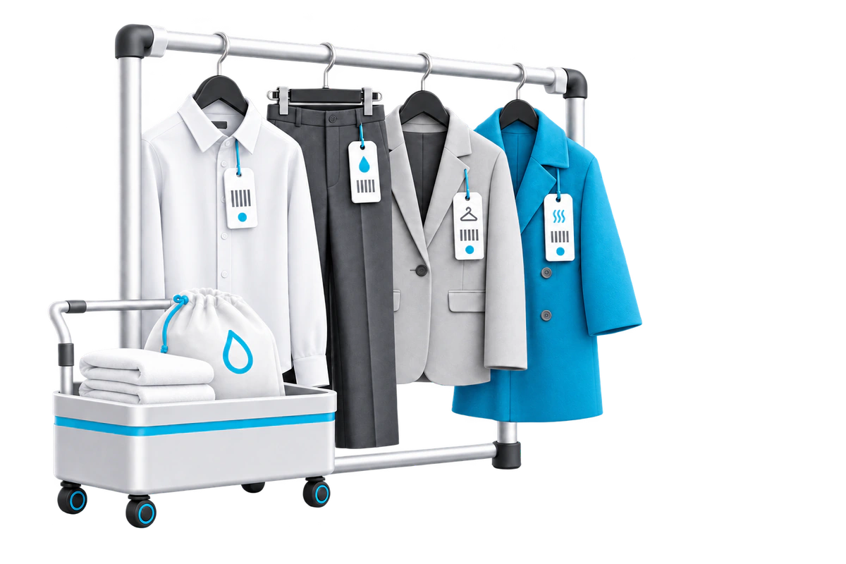 Garments and textile-care items organized with identification tags