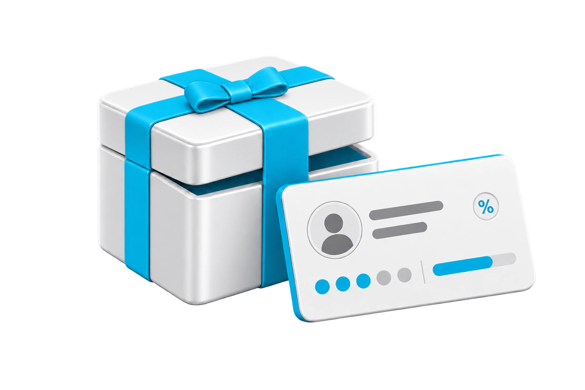 Loyalty reward card beside a premium gift box