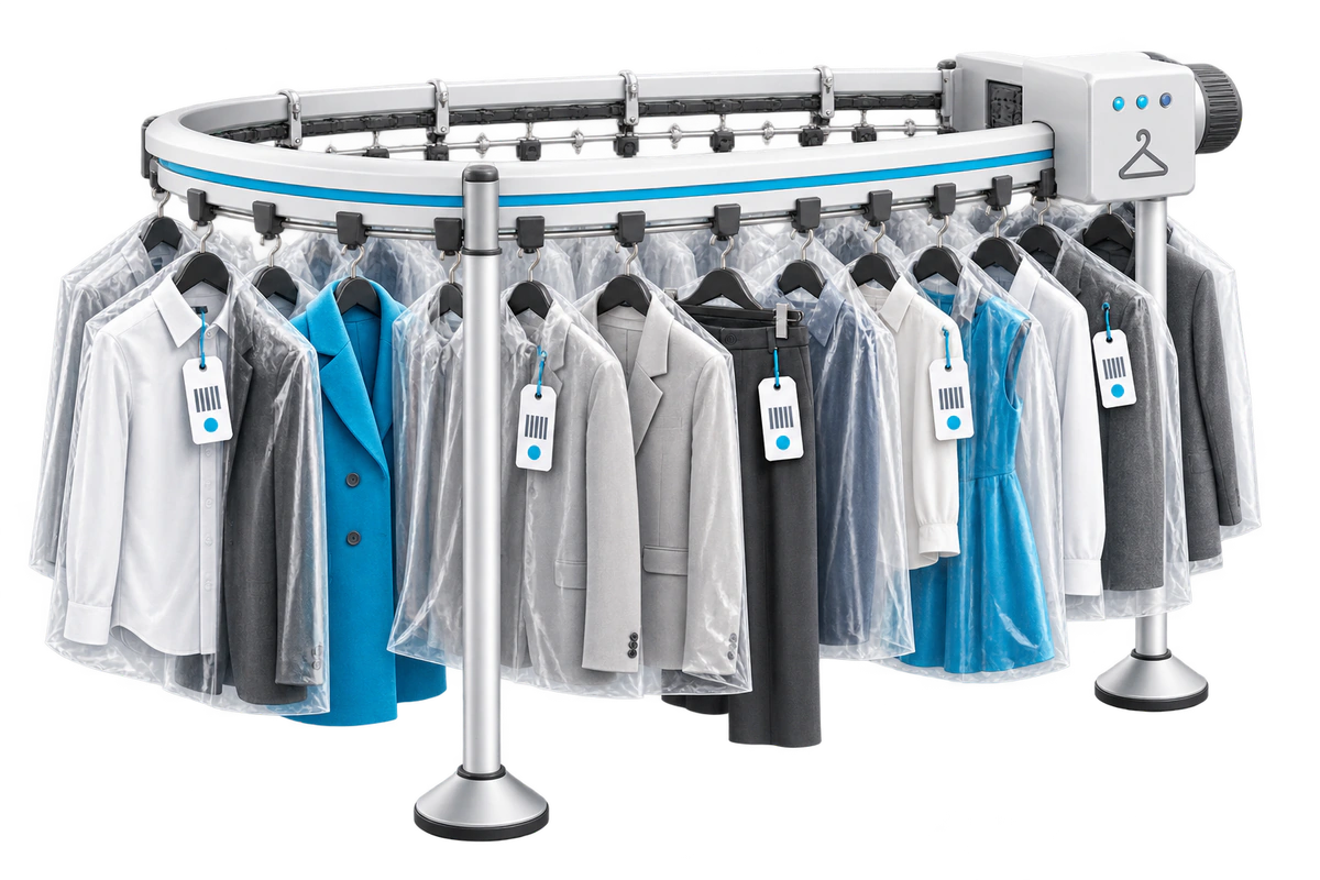 Garment conveyor holding tagged finished garments