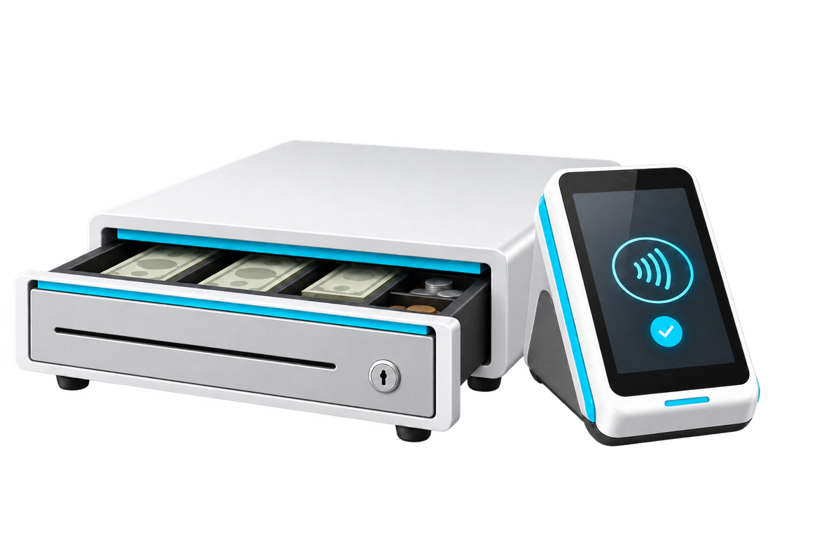 Open cash drawer beside a contactless payment terminal
