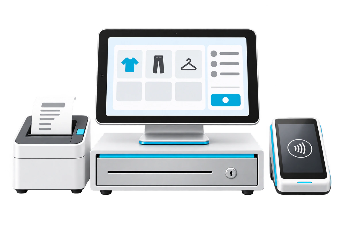 Lagutta POS setup with tablet, receipt printer, cash drawer, and payment terminal
