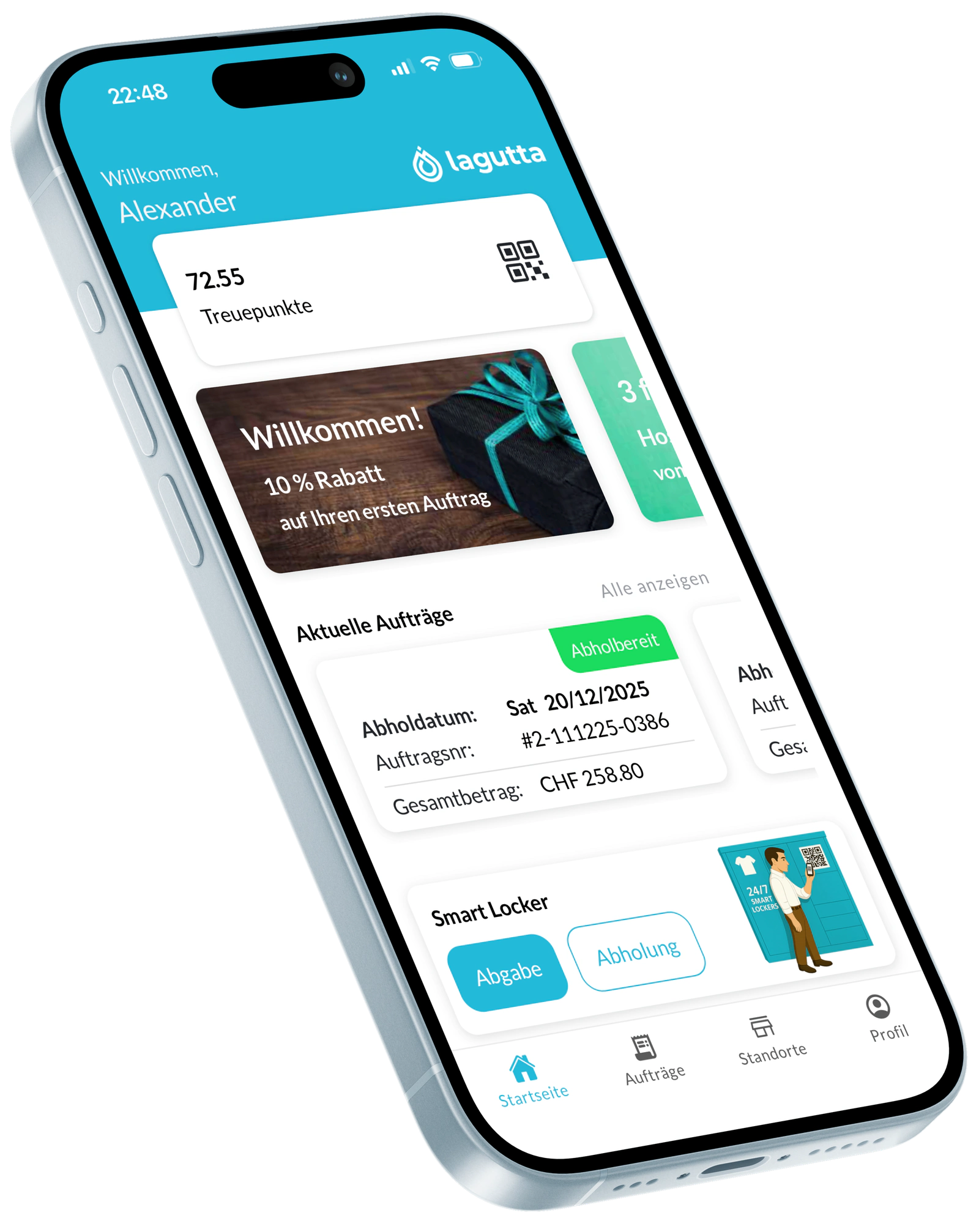 Lagutta Customer App mit Treuepunkten, aktuellen Aufträgen und Smart-Locker-Steuerung