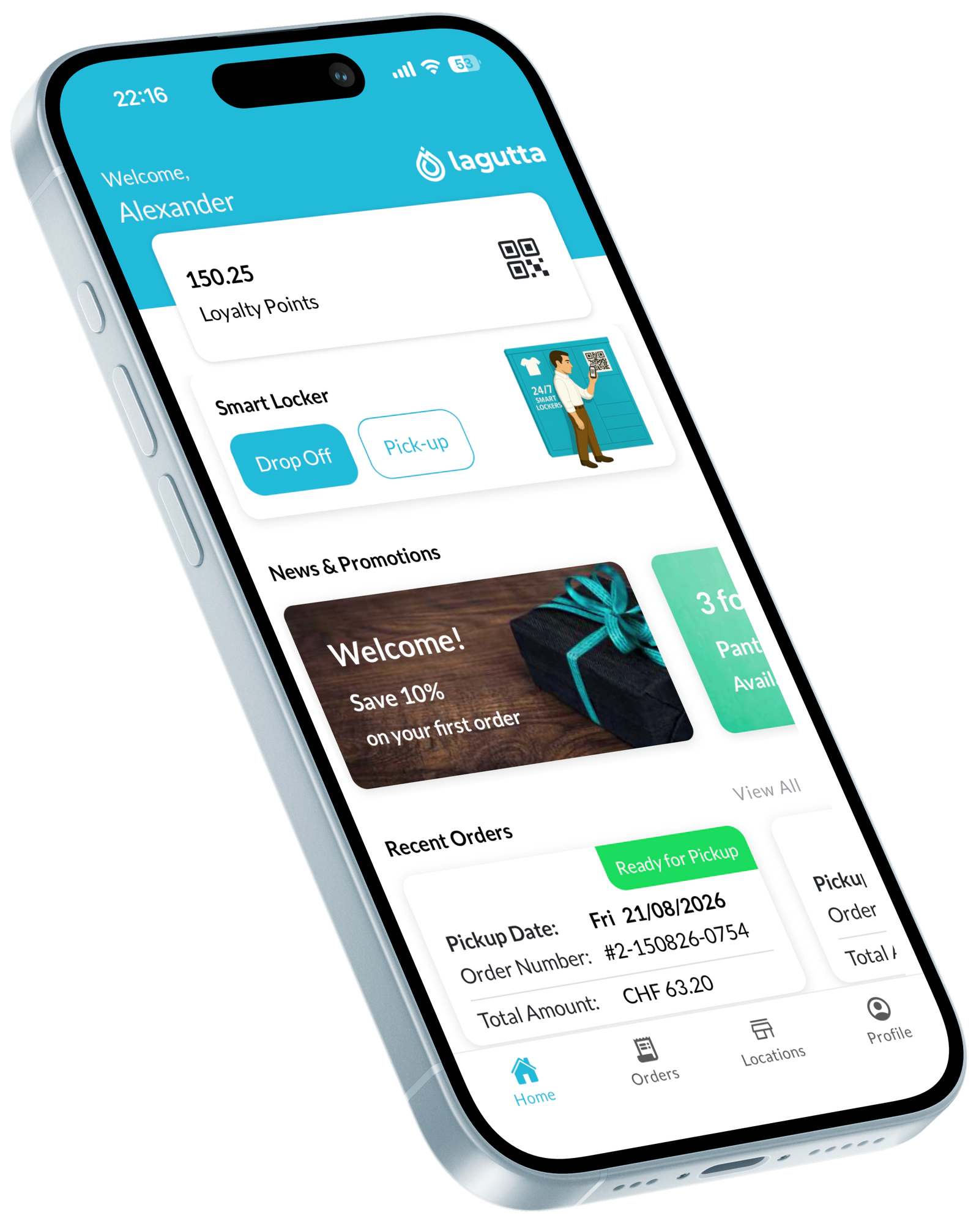 Lagutta customer app showing loyalty points, recent orders, and smart locker controls