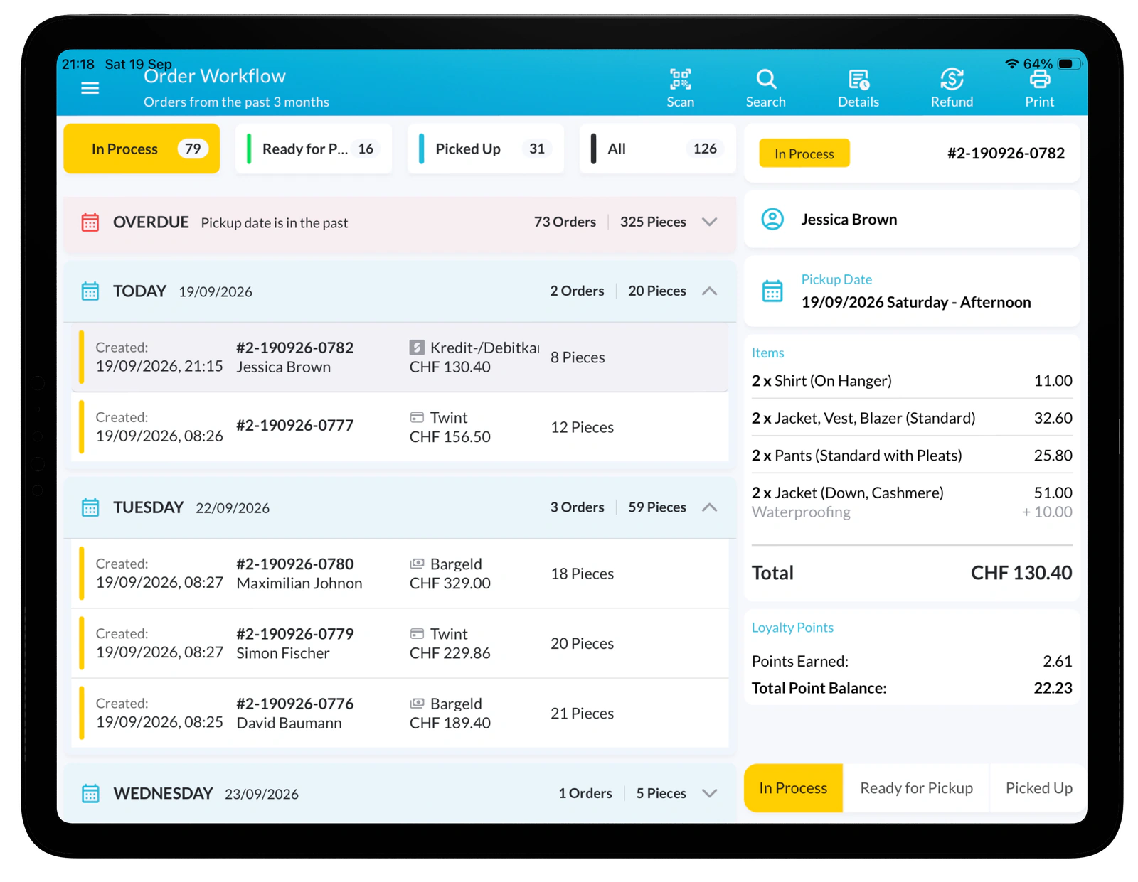 Lagutta order management screen showing daily loads and customer pickup dates
