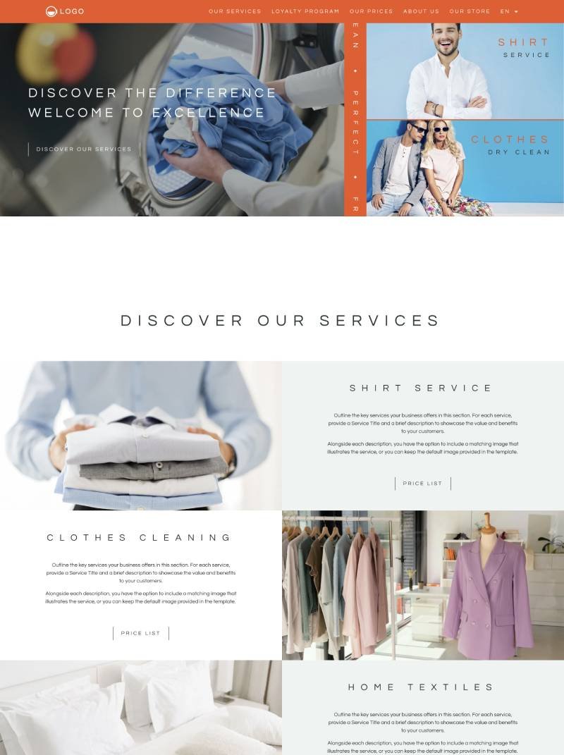 Preview of the Aurora website template for textile care businesses