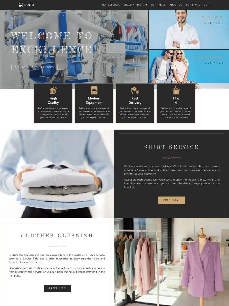 Preview of the Eclipse website template for textile care businesses