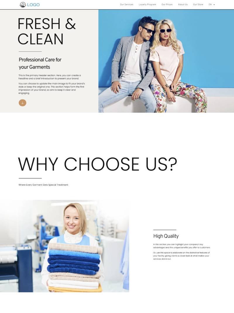 Preview of the Nebula website template for textile care businesses