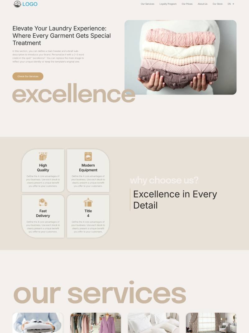 Preview of the Vega website template for textile care businesses